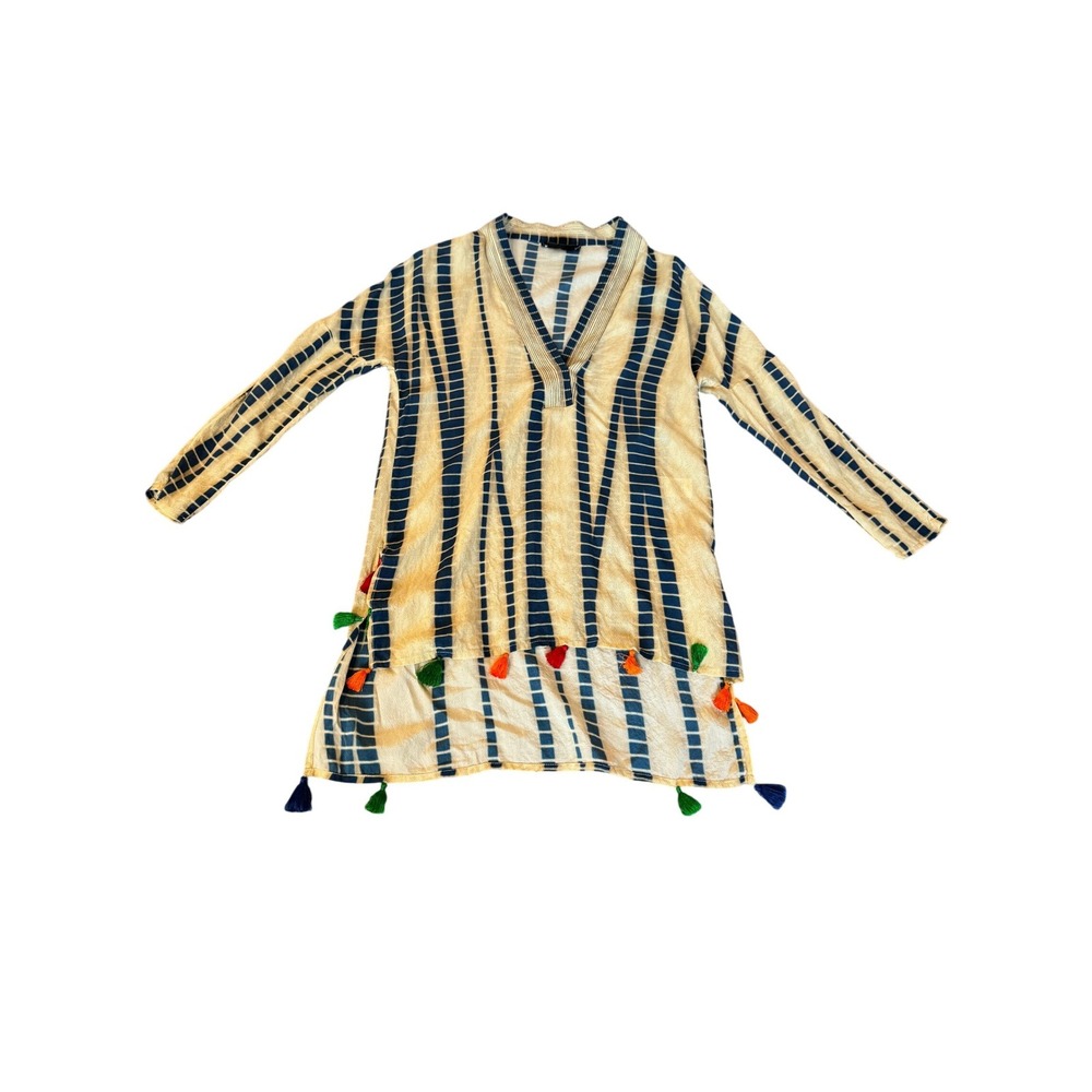 HEMANT & NANDITA Cream Tunic with Navy Stripes and Colorful Tassels